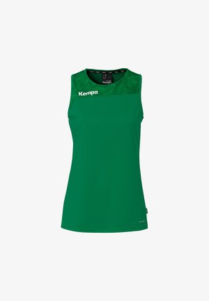 Débardeur de sport vert sans manches avec un motif géométrique sur la partie supérieure de la poitrine et le logo "Kempa" sur l'épaule gauche.