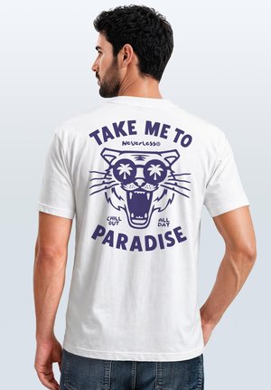 Man wearing white t-shirt with graphic of roaring tiger wearing palm tree sunglasses and text "Take me to paradise, chill out all day."