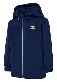 Marineblå barnjacka med full dragkedja, fast huva, elastiska ärmslut och sidofickor. Har en liten logopatch på bröstet.