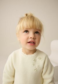 Kremowy sweter z dzianiny o teksturowanym wzorze i falistym dekoltem. Posiada hafty kwiatowe w delikatnych kolorach na piersi. Jasne tło.