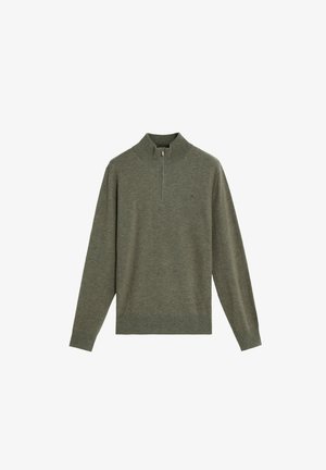 Green pullover sweater with a quarter-zip collar, long sleeves, ribbed cuffs and hem, made from soft knit fabric with a subtle texture.