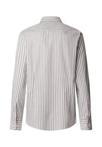 Koszula z długim rękawem, widok od tyłu, z pionowymi szarymi i białymi paskami, kołnierzykiem na guziki oraz regulowanymi mankietami.