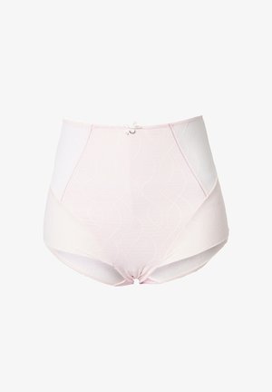 Hoog uitgesneden, lichtroze slip gemaakt van gladde stof, met een subtiel wervelend patroon en een decoratief strikje aan de tailleband.