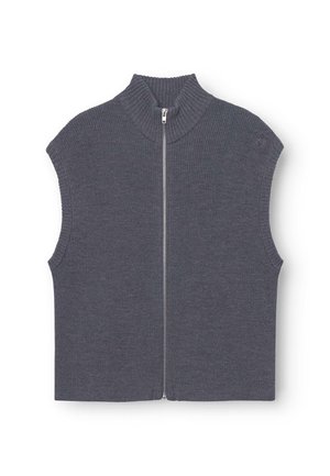 Harmaa hihaton villapaita korkealla kauluksella ja ribbibraidilla, jossa on edessä vetoketjukiinnitys ja laatikkomainen muotoilu.