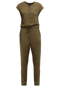 Combinaison vert olive à manches courtes, avec une fermeture à boutons à l'avant et une poche poitrine unique. Elle possède une taille à cordon de serrage et des jambes fuselées. Texture lisse.