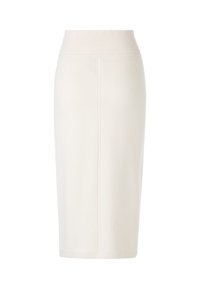 Knit white pencil skirt featuring a ribbed waistband, smooth texture, and a simple design with vertical seams on the front and back.