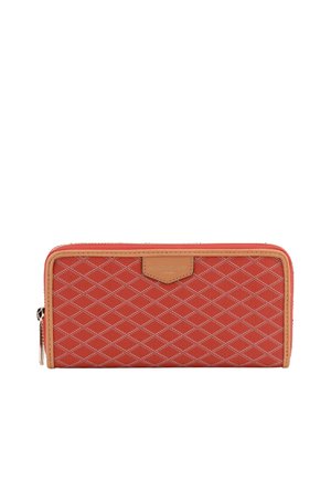 Portefeuille rectangulaire rouge avec motif matelassé en losange, bordure beige et fermeture éclair, présenté sur fond blanc.