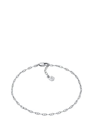 Bracciale in argento con anelli allungati, chiusura a moschettone e un piccolo charm esagonale con logo. Finitura liscia e lucidata.