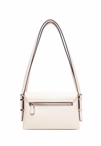 Borsa a tracolla in pelle bianca di forma rettangolare, con una tasca frontale con zip, tracolla bicolore e dettagli in metallo dorato.