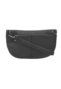 Borsa a tracolla in pelle nera con forma curva, dotata di una tracolla removibile, hardware in argento e due tasche frontali.