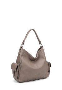 Borsa a tracolla in pelle grigia con un design morbido, due tasche laterali e una tracolla sagomata. Superficie testurizzata con un dettaglio di branding discreto.