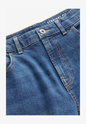Jean en denim bleu foncé, coupe droite avec des coutures orange contrastantes, fermeture par bouton en métal et design standard à cinq poches.