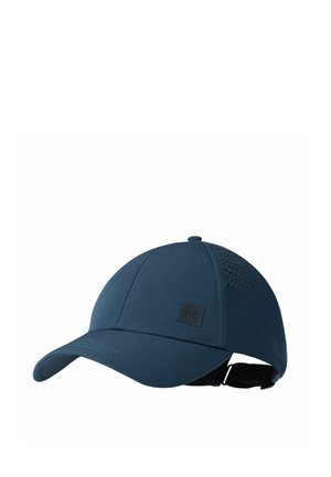 Marineblaue Baseballkappe mit gebogenem Schirm, Belüftungslöchern an den Seitenpaneelen und verstellbarem schwarzem Riemen hinten.