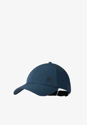 Marineblaue Baseballkappe mit gebogenem Schirm, Belüftungslöchern an den Seitenpaneelen und verstellbarem schwarzem Riemen hinten.