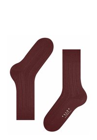 Bordeauxfarbene gerippte Socken aus weichem Stoff, mit einer glatten Textur, verstärkter Fußspitze und einem gerippten Bündchen für Komfort und besseren Sitz.