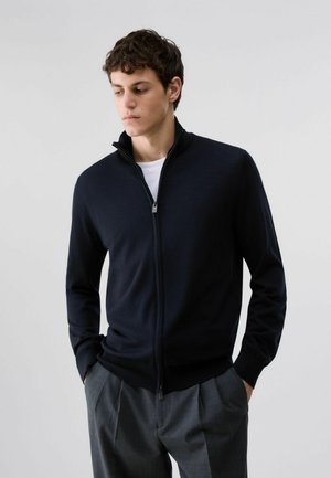 Jeune homme aux cheveux bruns portant un pull noir zippé sur une chemise blanche et un pantalon gris, debout les mains dans les poches.