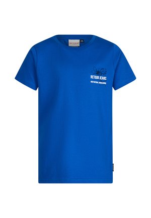 Blauwe katoenen T-shirt met korte mouwen, V-hals, en een grafisch logo aan de bovenlinkerkant. Gladde textuur met een casual pasvorm.
