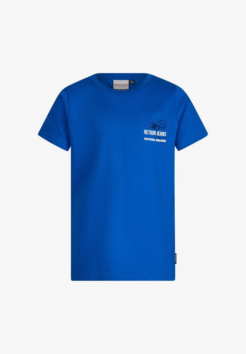 Niebieska bawełniana koszulka z krótkim rękawem, dekoltem w serek oraz graficznym logo w górnym lewym rogu. Gładka tekstura z luźnym krojem.