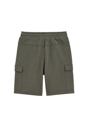Olívazöld cargo rövidnadrág rugalmas derékpánttal és oldalsó zsebfedőkkel, fehér háttéren laposan elhelyezve.