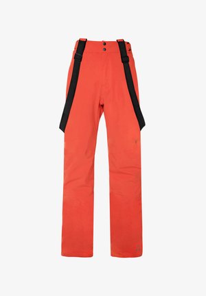 Pantaloni da sci impermeabili arancioni vivaci con bretelle nere regolabili, design a gamba dritta e branding minimale sul lato sinistro in basso.