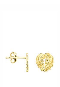 Örhängen i guldfärgad metall med en bladform, texturerad yta och standard bakdel.