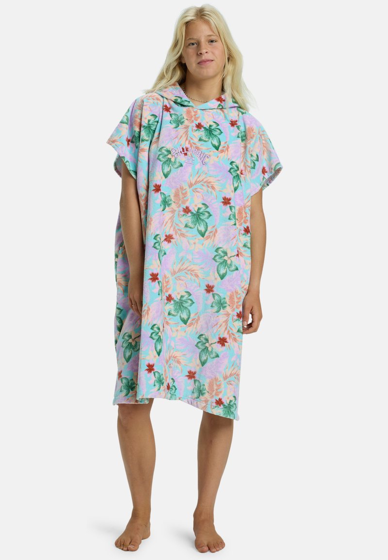 Poncho colorido con capucha, hecho de un tejido suave y con un patrón floral en rosa, verde y azul. Presenta mangas cortas y un corte relajado.