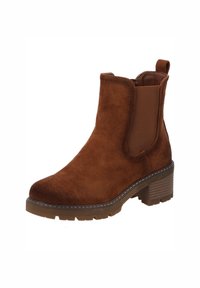 Bottines en daim marron avec panneaux latéraux élastiques, talon empilé et semelle en caoutchouc texturé ; elles disposent d'une languette à l'arrière pour un enfilage facile.