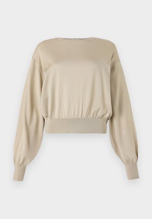 Beige, kurz geschnittenes Sweatshirt mit langen, ballonförmigen Ärmeln; glatte Textur; gerippter Saum und Bündchen; minimalistisches Design, Rundhalsausschnitt.