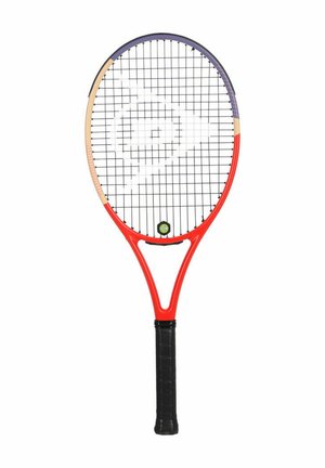 Racchetta da tennis con telaio rosso, impugnatura nera e accenti multicolori, con un motivo a spirale bianca sulle corde.