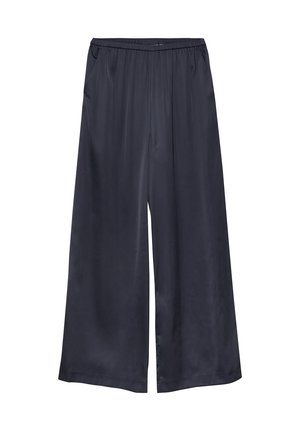 Luźne czarne satynowe spodnie o szerokich nogawkach z elastycznym paskiem w talii i bocznymi kieszeniami.