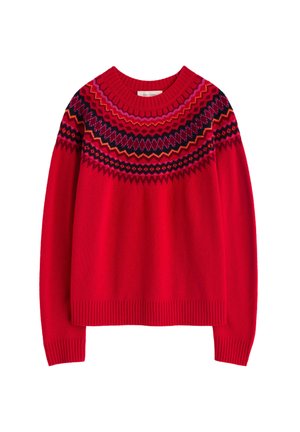 Pull en tricot rouge avec un motif géométrique multicolore sur l'empiècement en nuances de rose, violet, orange et noir, poignets et ourlet côtelés.
