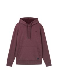 Bordeaux hoodie gemaakt van zacht materiaal, met een kangoeroezak, trekkoorden en een klein logo op de borst. Gelaagd, casual ontwerp.