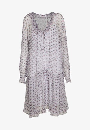 Vestido blanco de manga larga con estampado geométrico floral en morado, escote en V con volantes y dobladillo con volantes.