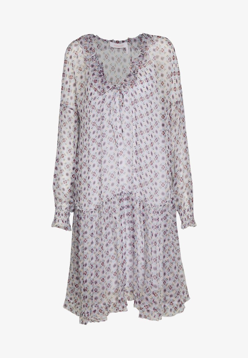 Robe blanche à manches longues avec motif géométrique floral violet, encolure en V à volants et ourlet à volants.