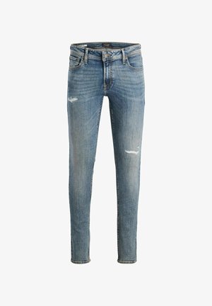 Light blue denim jeans with a slim fit, featuring distressed accents and subtle fading. Classic five-pocket design and zip fly closure.