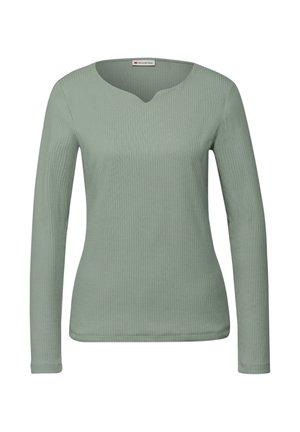 Długi rękaw w miękkim, prążkowanym materiale. Charakteryzuje się jasnym zielonym kolorem, zaokrąglonym dekoltem z delikatnym wycięciem w kształcie litery V oraz dopasowanym krojem.