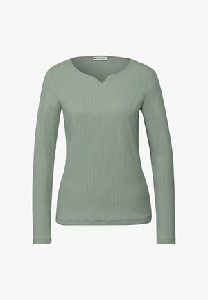 Długi rękaw w miękkim, prążkowanym materiale. Charakteryzuje się jasnym zielonym kolorem, zaokrąglonym dekoltem z delikatnym wycięciem w kształcie litery V oraz dopasowanym krojem.