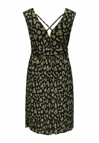 Svart klänning med ett abstrakt mönster i olivgrön, med V-ringning, plisserad kjol och korsade remmar på baksidan.