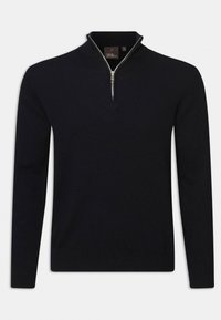 Sweater noir à demi-zip, fabriqué en tissu lisse, avec des manches longues, des poignets côtelés et un léger éclat sur le matériau.
