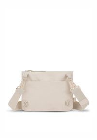 Borsa a tracolla beige con una texture liscia, chiusura con zip, tracolla regolabile e due tasche frontali. Design semplice e rettangolare.