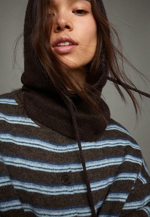 Črtast rjavo-modri pulover z visokim, temno rjavim kapuco, z zapiranjem na gumbe in mehko pleteno teksturo.