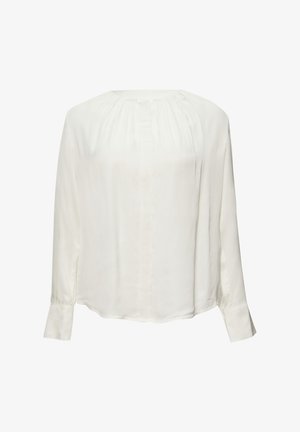 Weiße Bluse mit langen Ärmeln, runden Ausschnitt, Faltendetails und einem glatten, weichen Stoff in einem leicht lockeren Schnitt.