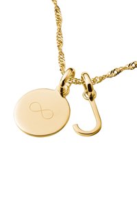 Gouden ketting met een gedraaide ketting, met een ronde hanger die is ingegraveerd met een oneindigheidssymbool en een klein haakje.