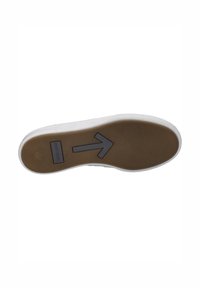 White sneaker sole with textured brown rubber. Features a prominent gray arrow design and a logo label. Smooth white edge surrounding sole.