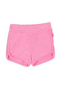 Roze badstof shorts met een textuur patroon van bloemen, een elastische tailleband en zijdetails. Heeft gebogen zomen en een zachte stof.