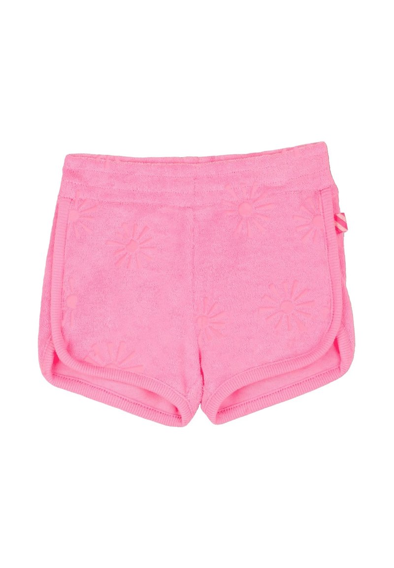 Roze badstof shorts met een textuur patroon van bloemen, een elastische tailleband en zijdetails. Heeft gebogen zomen en een zachte stof.