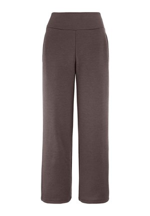 Braune gerade Hose mit breitem elastischem Bund und seitlichen Taschen, dargestellt auf weißem Hintergrund.