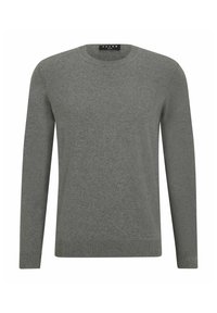 Grauer Strickpullover mit Rundhalsausschnitt, langen Ärmeln, gerippten Bündchen und Saum. Glatte Textur, minimalistisches Design ohne Muster oder Akzente.
