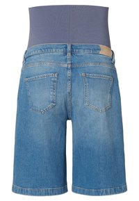 Denim shorts with a blue wash, featuring a wide waistband, rear pockets, and a smooth texture. The legs are straight and knee-length.