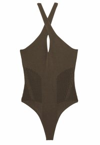 Pruun kootud ühekohaline ujumiskostüüm ristuva rihmaga, lõikega detail taga ja perforatsiooniga külgpaneelid ventilatsiooniks.